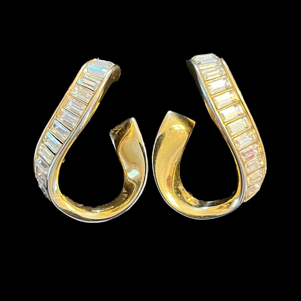 Vintage Swarovski Swan Signed Gold Plated Clear Crystal Baguette J Hoop Earrings